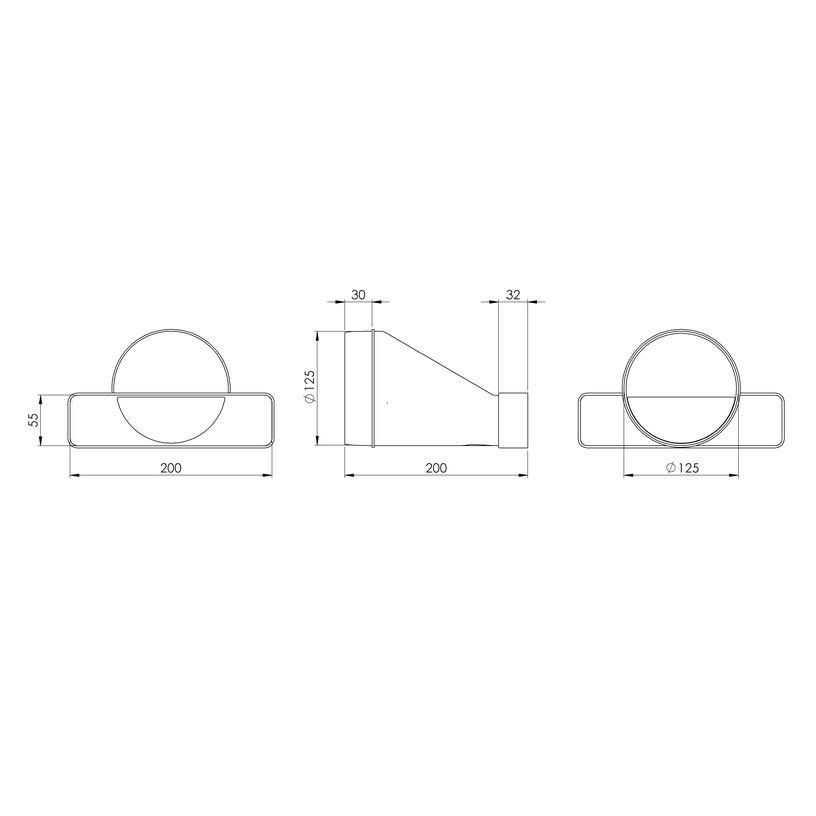 Belüftungsadapter Belüftung 220x55mm Ø125 weiß Übergangsstück Flachkanal ,Europlast,KSD25-125, 4750492218662