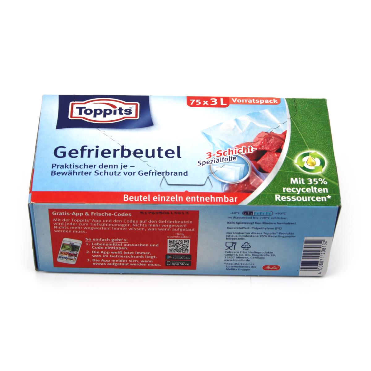 Toppits Gefrierbeutel 75 x 3 L Gefriertüten Frostbeutel Frosttüten recycelt,Toppits,208132, 4008871208132